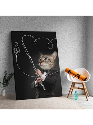Deko Gonya Kedi Kafalı Balık Tutan Iş Adamı Dekoratif Tablo