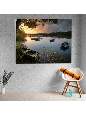 Deko Gonya Günbatımı Manzaralı Göl Kayık Temalı Dekoratif Kanvas Tablo