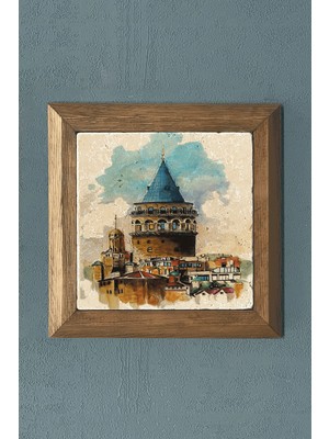 Oscar Stone Galata Kulesi Masif Çerçeveli Taş Tablo-Wall Decor- Oscar Stone Decor 28X28 cm