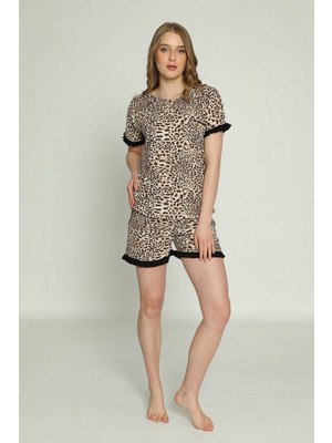 Pijamoni Volanlı Leopar Baskılı Kadın Pijama Takımı 5900  - Leopar Leopar - S
