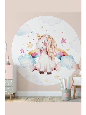 Msticker Unicorn Gökkuşağı Bulut ve Yıldızlar Yuvarlak Çocuk Odası Sticker