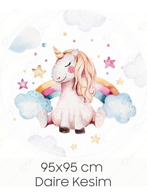 Msticker Unicorn Gökkuşağı Bulut ve Yıldızlar Yuvarlak Çocuk Odası Sticker