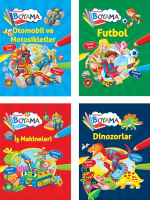 Parıltı Yayınları Eğlendiren Boyama Seti - Otomobil ve Motosikletler+Futbol+Iş Makineleri+Dinozorlar - 3+ Yaş - Okul Öncesi - 4 Kitap - Set