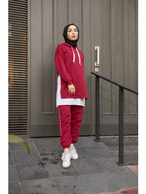 Cng Moda Beyaz Tshrt Bordo Tesettür Eşofman Takımı