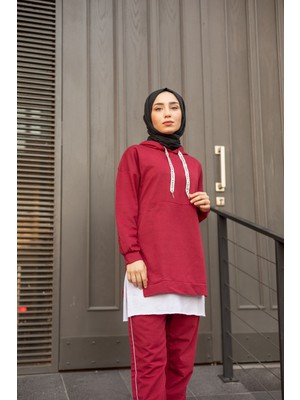 Cng Moda Beyaz Tshrt Bordo Tesettür Eşofman Takımı