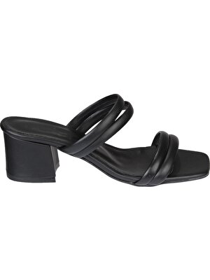 Yaz Kış Ayakkabı Yazkış Iki Bantlı Siyah Cilt  5cm Topuklu Terlik