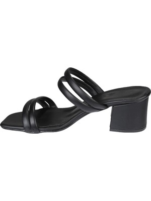 Yaz Kış Ayakkabı Yazkış Iki Bantlı Siyah Cilt  5cm Topuklu Terlik