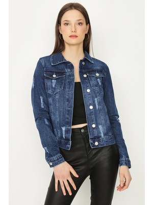 Select Moda Kadın Mavi Düğmeli Denim Ceket Pamuk Düz Desenli Rahat Tasarım