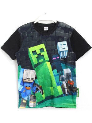 Minecraft Creeper 3D Baskılı Erkek Çocuk Kısa Kollu T-Shirt 5 - 13 Yaş Siyah
