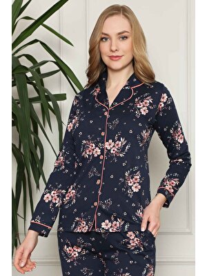 Alimer Kadın Lacivert Çiçek Desenli Önden Düğmeli Pijama Takımı 2579UY