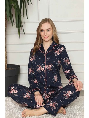 Alimer Kadın Lacivert Çiçek Desenli Önden Düğmeli Pijama Takımı 2579UY