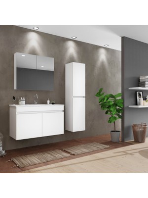 Banos TM3 Ayaksız 2 Kapaklı Lavabolu Beyaz Mdf 100 cm Banyo Dolabı + Aynalı Banyo Üst Dolabı + Banyo Boy Dolabı