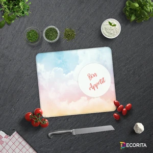 Bon Appetit | Renkli Bulutlar | Cam Kesme Tahtası - Cam Kesme Tablası | 29cm x 34cm