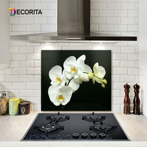 Siyah Fon Beyaz Orkide | Cam Ocak Arkası Koruyucu | 52cm x 60cm
