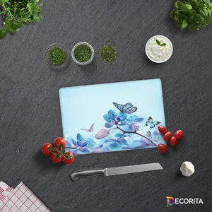 Mavi Çiçek ve Kelebek Desenli | Cam Kesme Tahtası - Cam Kesme Tablası | 20cm x 30cm