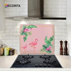 Tropik Yapraklar & Flamingo | Cam Ocak Arkası Koruyucu | 52cm x 60cm