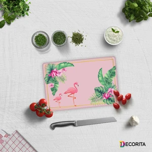 Tropik Yapraklar & Flamingo | Cam Kesme Tahtası - Cam Kesme Tablası | 20cm x 30cm