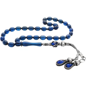 DAVİD BLACK 1000 Ayar Gümüş Kazaz Püsküllü Arpa Kesim Lacivert Sıkma Kehribar Tesbih