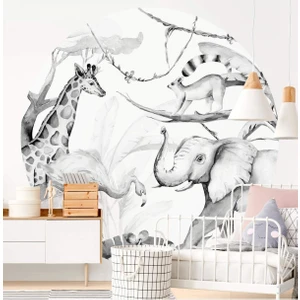 Yuvarlak Trapikal Hayvanlar Gri Tonlarda Duvar Sticker (120X120 Cm)