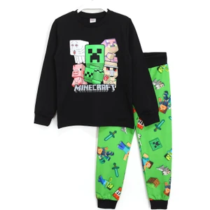 Baskılı Erkek Çocuk Uzun Kollu Pijama Takımı 5 - 14 Yaş Siyah Yeşil
