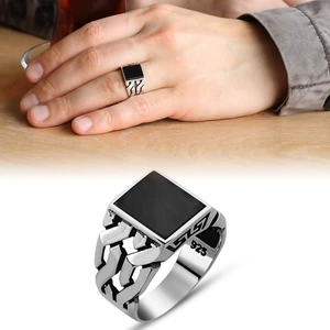 Zincir Tasarım Siyah Oniks Taşlı 925 Ayar Gümüş Erkek Yüzük