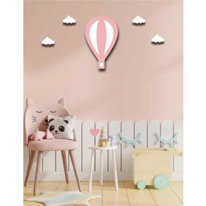 Pembe Balon Duvar Süsü+ 4 Mini Bulut Ahşap Duvar Dekoru