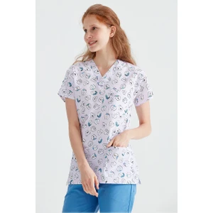 Lila Diş Desenli Tek Üst Terikoton Ince Kumaş Dr Greys Kesim Forma