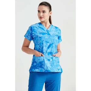 Mavi Kamuflaj Desenli Tek Üst Terikoton Ince Kumaş Dr Greys Kesim Forma