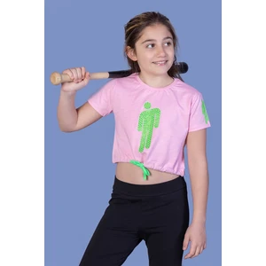 Toontoy Kids Toontoy Kız Çocuk Crop Model Baskılı Taş Işlemeli Tişört
