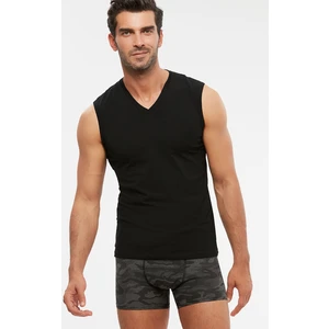 Erkek Penye Likra V-Yaka Kolsuz Francesco T-Shirt Atlet 2 Li Siyah S-2xl