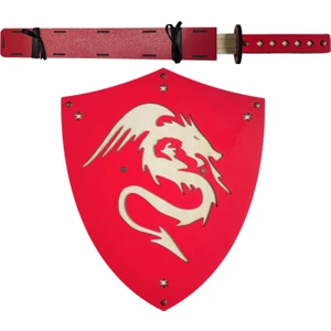 Ahşap Japon Samuray Ninja Kalkanı ve Katana Kılıcı Kırmızı Oyuncak