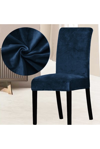 Abeltrade Mat ve Kalın Soft Kadife Kumaş Sandalye Kılıfı Lacivert Renk 4 Lü