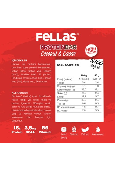 Fellas Yüksek Protein Bar - Hindistan Cevizi ve Kakaolu 45 gr x 12 Adet