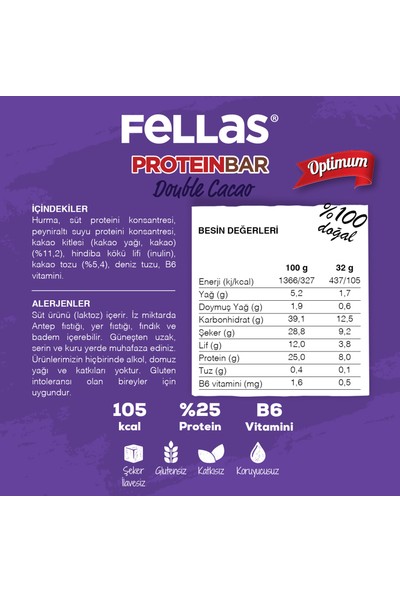 Fellas Protein Bar - Duble Kakaolu 32 gr x 12 Adet