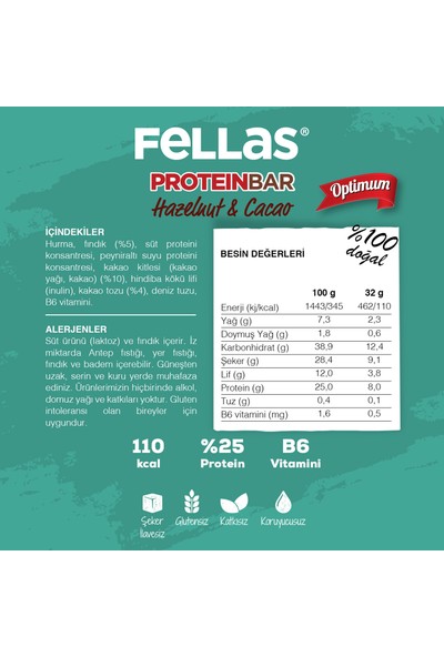 Fellas Protein Bar - Fındık ve Kakaolu 32 gr x 12 Adet