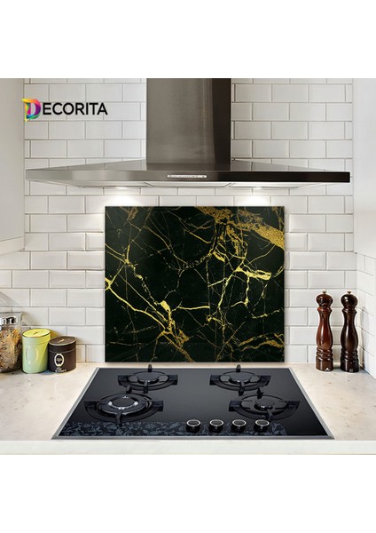 Altın Detaylı Siyah Mermer | Cam Ocak Arkası Koruyucu | 52cm x 60cm