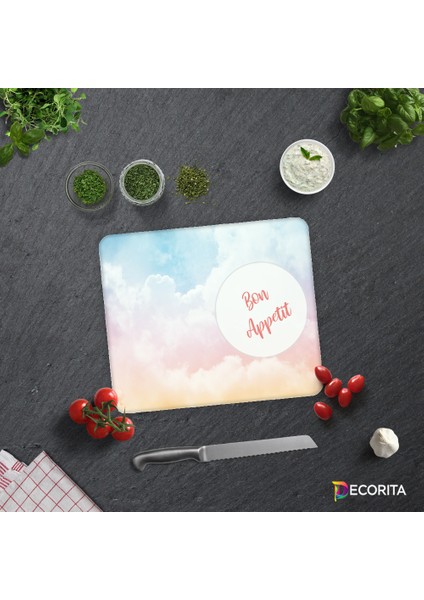 Bon Appetit | Renkli Bulutlar | Cam Kesme Tahtası - Cam Kesme Tablası | 29cm x 34cm