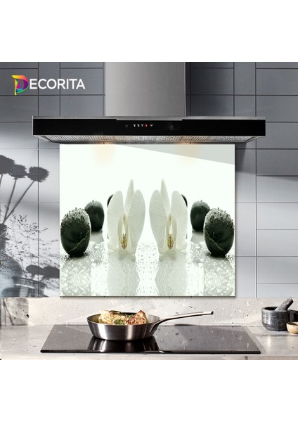 Beyaz Orkide Siyah Oniks | Ocak Arkası Koruyucu | 52cm x 60cm