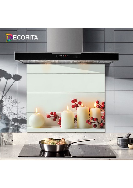 Cam Ocak Arkası Koruyucu | Beyaz Mum Desen | 52cm x 60cm