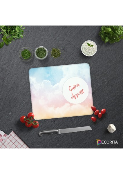 Guten Appetit | Renkli Bulutlar | Cam Kesme Tahtası - Cam Kesme Tablası | 29cm x 34cm