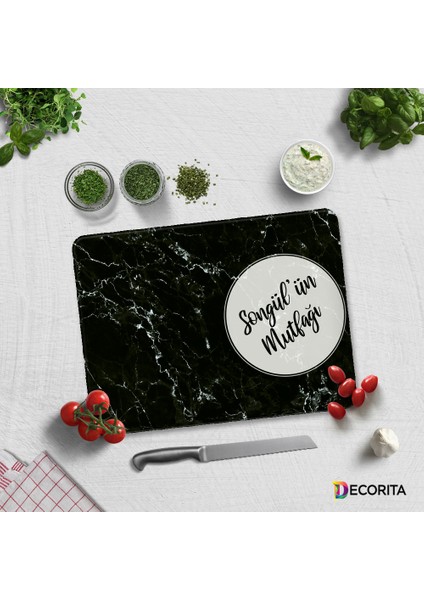 Kişiye Özel - Siyah Mermer Görünümlü | Cam Kesme Tahtası - Cam Kesme Tablası | 30cm x 40cm