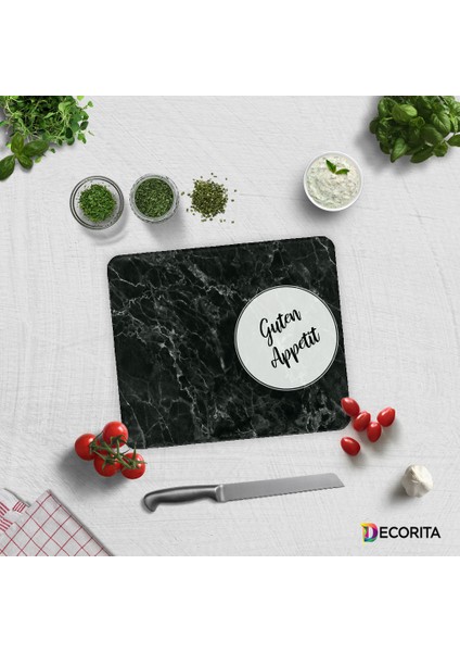 Guten Appetit | Siyah Mermer Görünümlü | Cam Kesme Tahtası - Cam Kesme Tablası | 29cm x 34cm