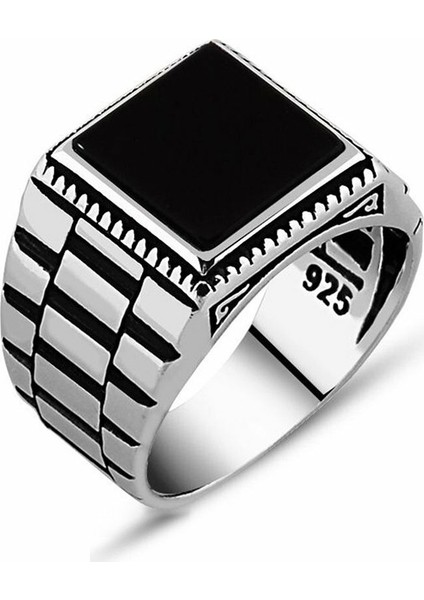 Simetrik Desenli Siyah Oniks Taşlı 925 Ayar Gümüş Erkek Yüzük fiyatları