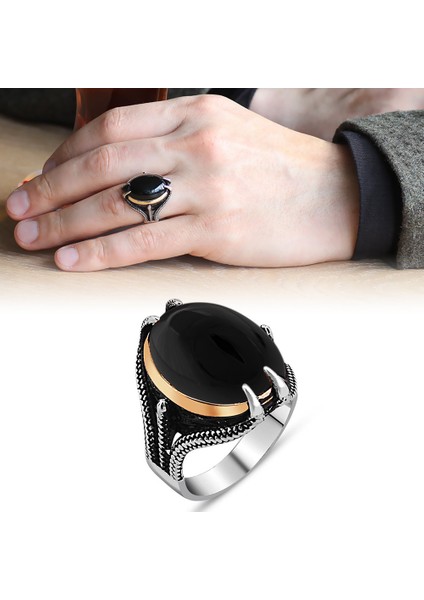 Pençe Tasarım Siyah Oniks Taşlı 925 Ayar Gümüş Erkek Yüzük
