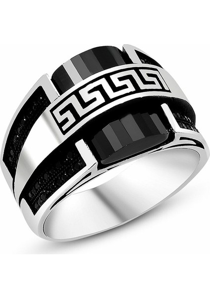 Özel Tasarım Zirkon Taş Işlemeli Siyah Oniks Taşlı 925 Ayar Gümüş Erkek Yüzük fiyatları