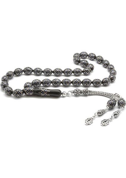 101001458 925 Ayar Gümüş Püsküllü Gümüş-Firuze İşlemeli Arpa Kesim Erzurum Oltu Tesbih