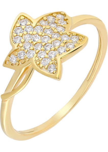Zirkon Taşlı Kır Çiçeği Tasarım Gold 925 Ayar Gümüş Kadın Yüzük