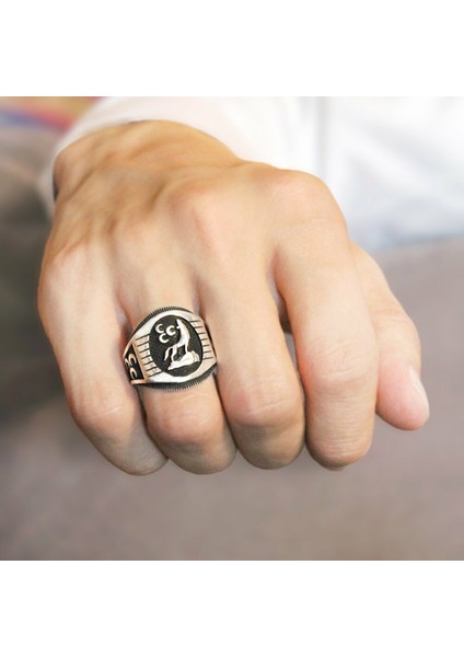 Üç Hilal İşlemeliBozkurt Motifli 925 Ayar Gümüş Erkek Yüzük fırsatları