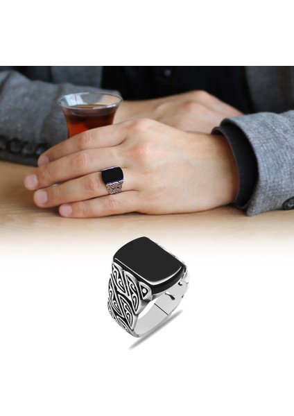 Sarmaşık Tasarım Siyah Oniks Taşlı 925 Ayar Gümüş Erkek Yüzük