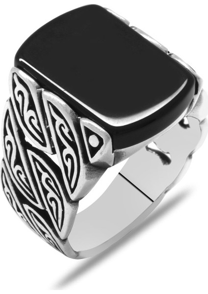 Sarmaşık Tasarım Siyah Oniks Taşlı 925 Ayar Gümüş Erkek Yüzük modelleri